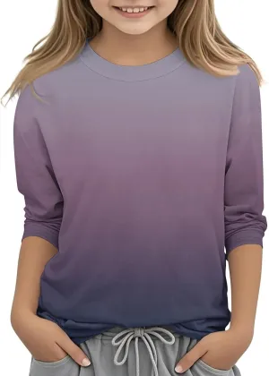 3/4 Length Sleeve Girls Tops Gradient Print Shirts Summer Cute Tees Basic Crewneck Blose Preppy Tops for Teen Girls