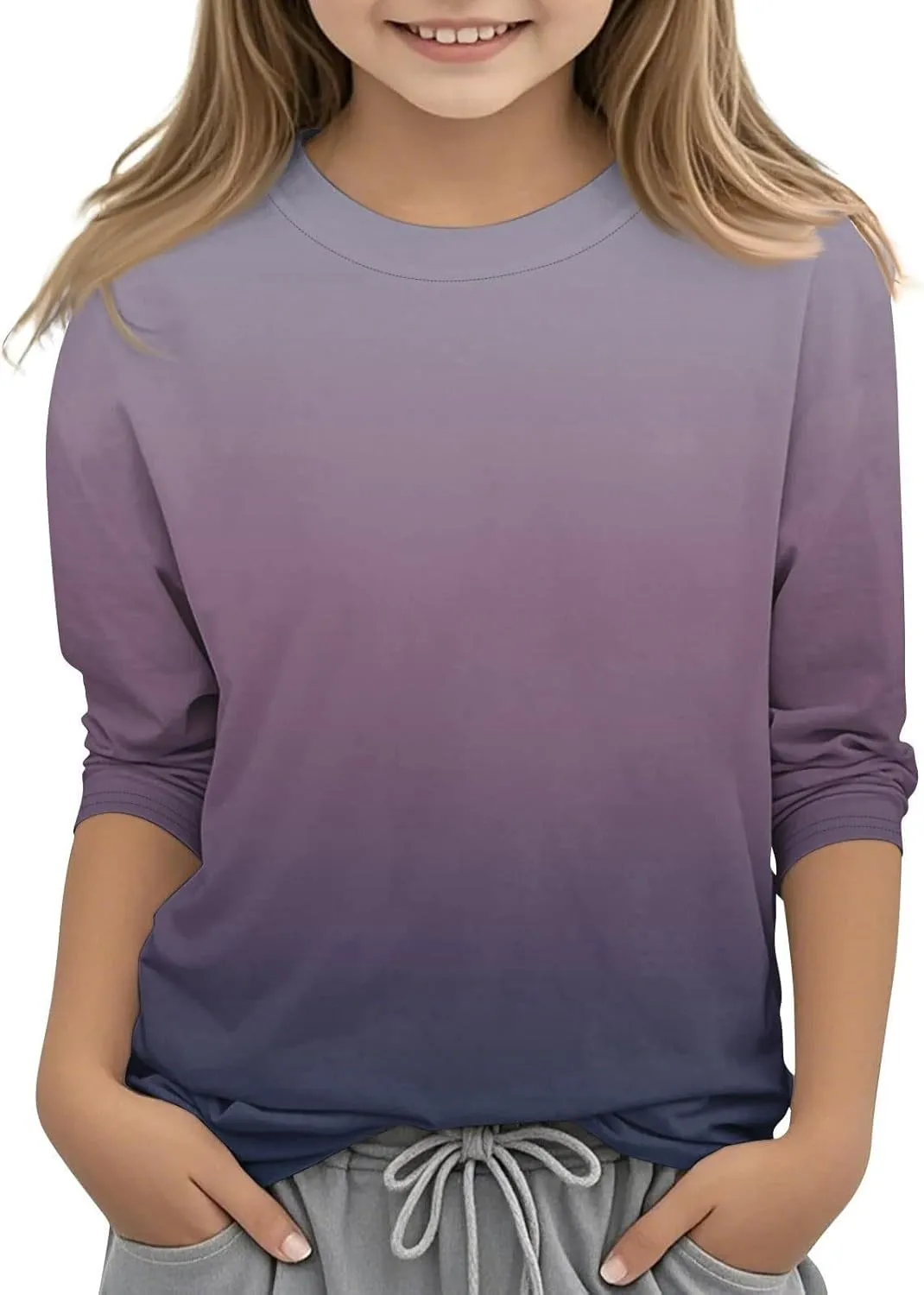 3/4 Length Sleeve Girls Tops Gradient Print Shirts Summer Cute Tees Basic Crewneck Blose Preppy Tops for Teen Girls