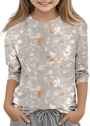 3/4 Sleeve Length Sleeve Girls Tops Funny Leaf Print Shirts 2025 Trendy Summer Tshirts Cute Preppy Blouses Outfits