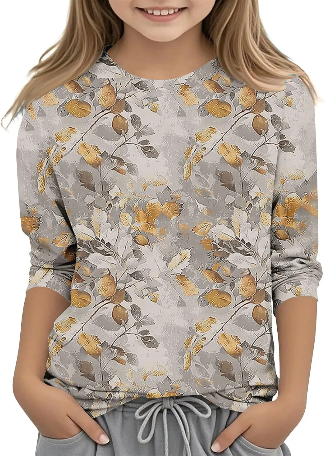 3/4 Sleeve Length Sleeve Girls Tops Funny Leaf Print Shirts 2025 Trendy Summer Tshirts Cute Preppy Blouses Outfits