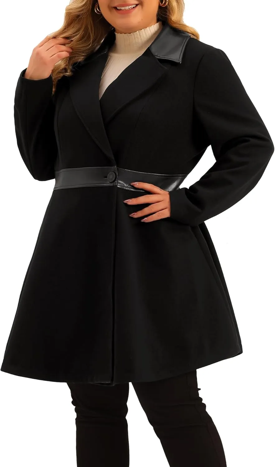 Agnes Orinda Plus Size Overcoat for Women Leather Notched Lapel Single Breasted Long Trench Jacket Coats