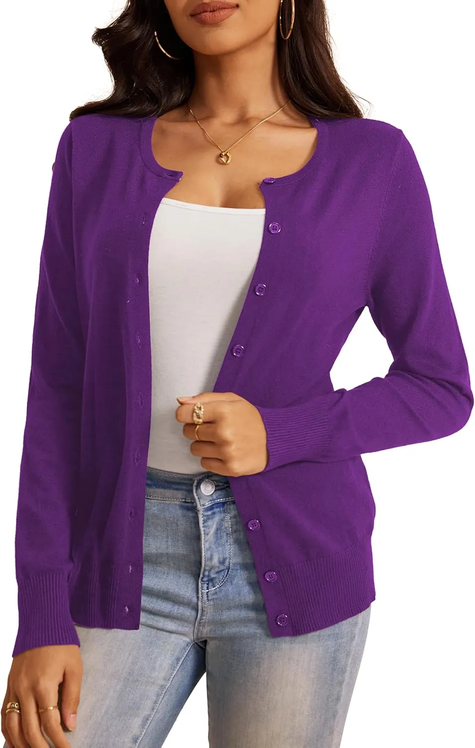 a.Jesdani Women's Button Down Crew Neck Long Sleeve Soft Knit Cardigan Sweaters