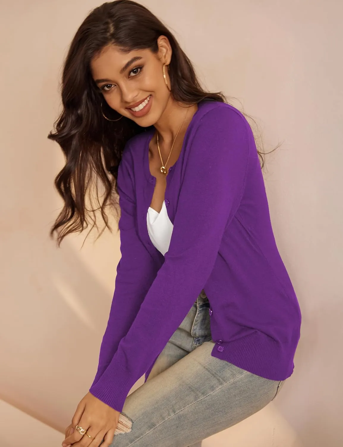 a.Jesdani Women's Button Down Crew Neck Long Sleeve Soft Knit Cardigan Sweaters