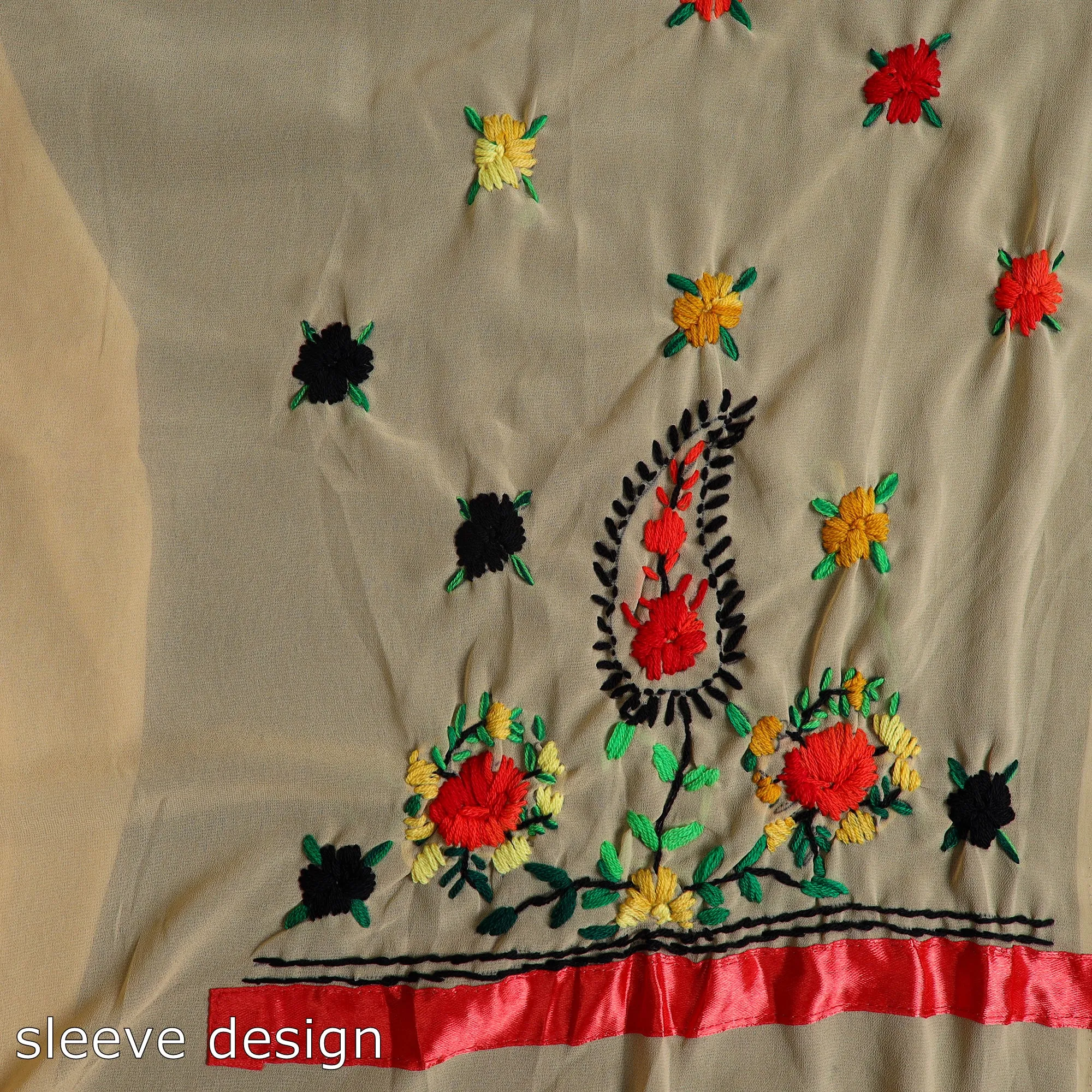 Brown - 3pc Hand Embroidery Georgette Phulkari Dress Material 48