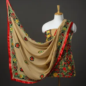 Brown - 3pc Hand Embroidery Georgette Phulkari Dress Material 48