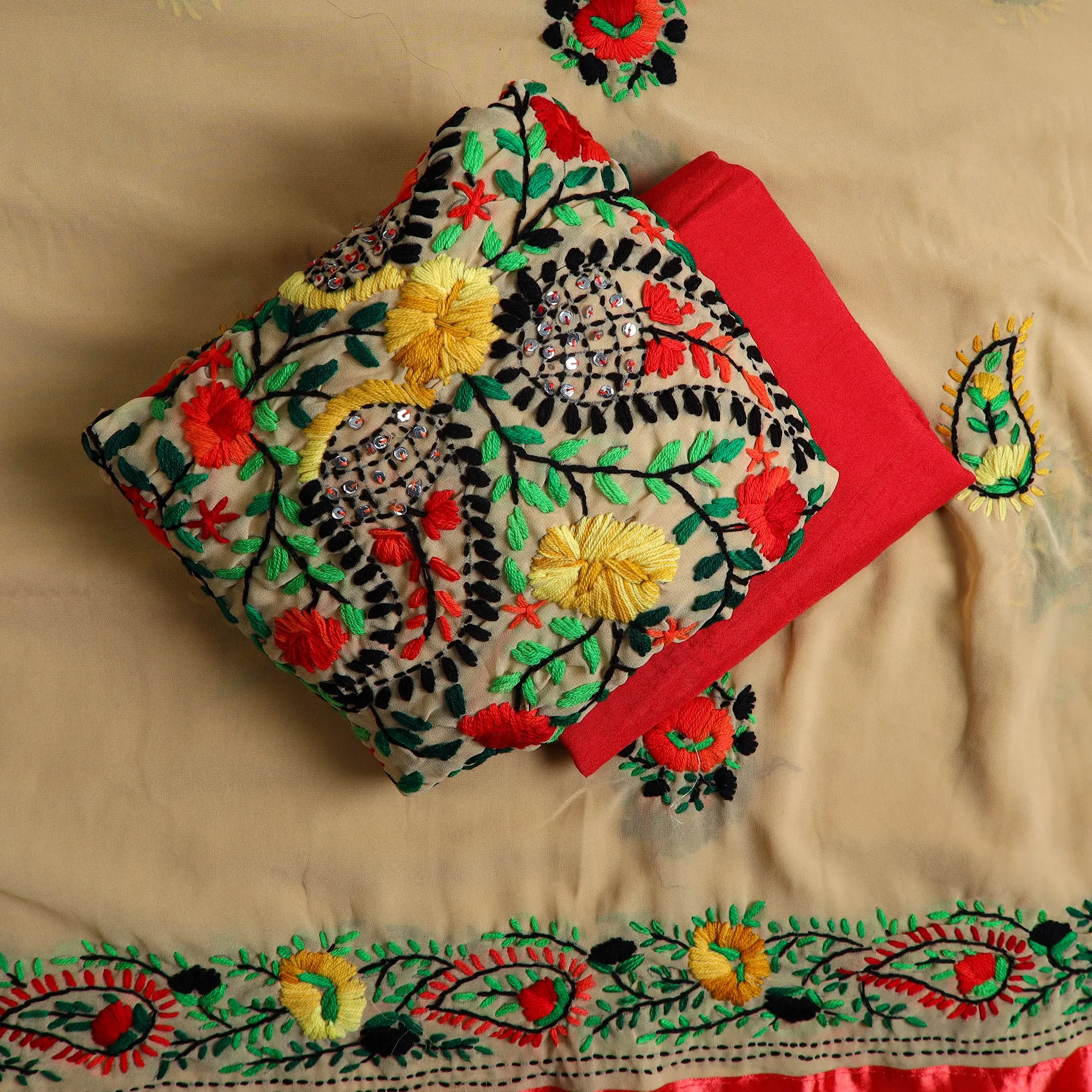 Brown - 3pc Hand Embroidery Georgette Phulkari Dress Material 48