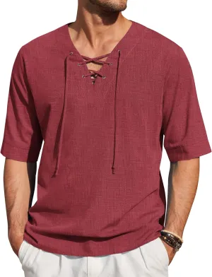 COOFANDY Men Linen Cotton Shirt Beach Lace Up V Neck Shirts Hippie Viking Meditation Tunic