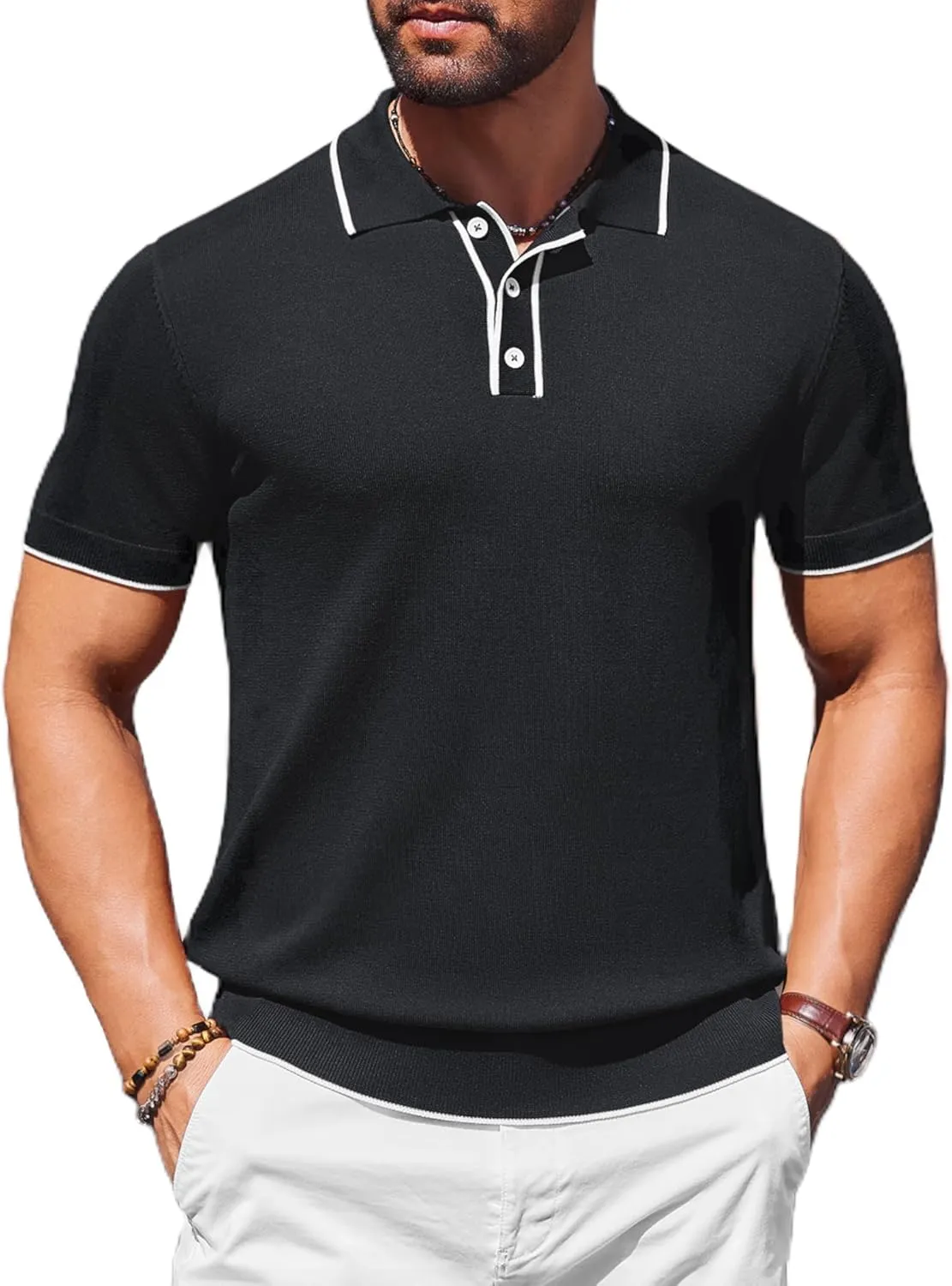 COOFANDY Mens Knit Polo Shirts Short Sleeve Vintage Stretch Polo T Shirts Casual Summer Golf Shirts
