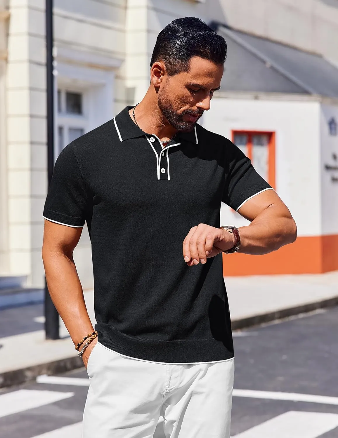 COOFANDY Mens Knit Polo Shirts Short Sleeve Vintage Stretch Polo T Shirts Casual Summer Golf Shirts