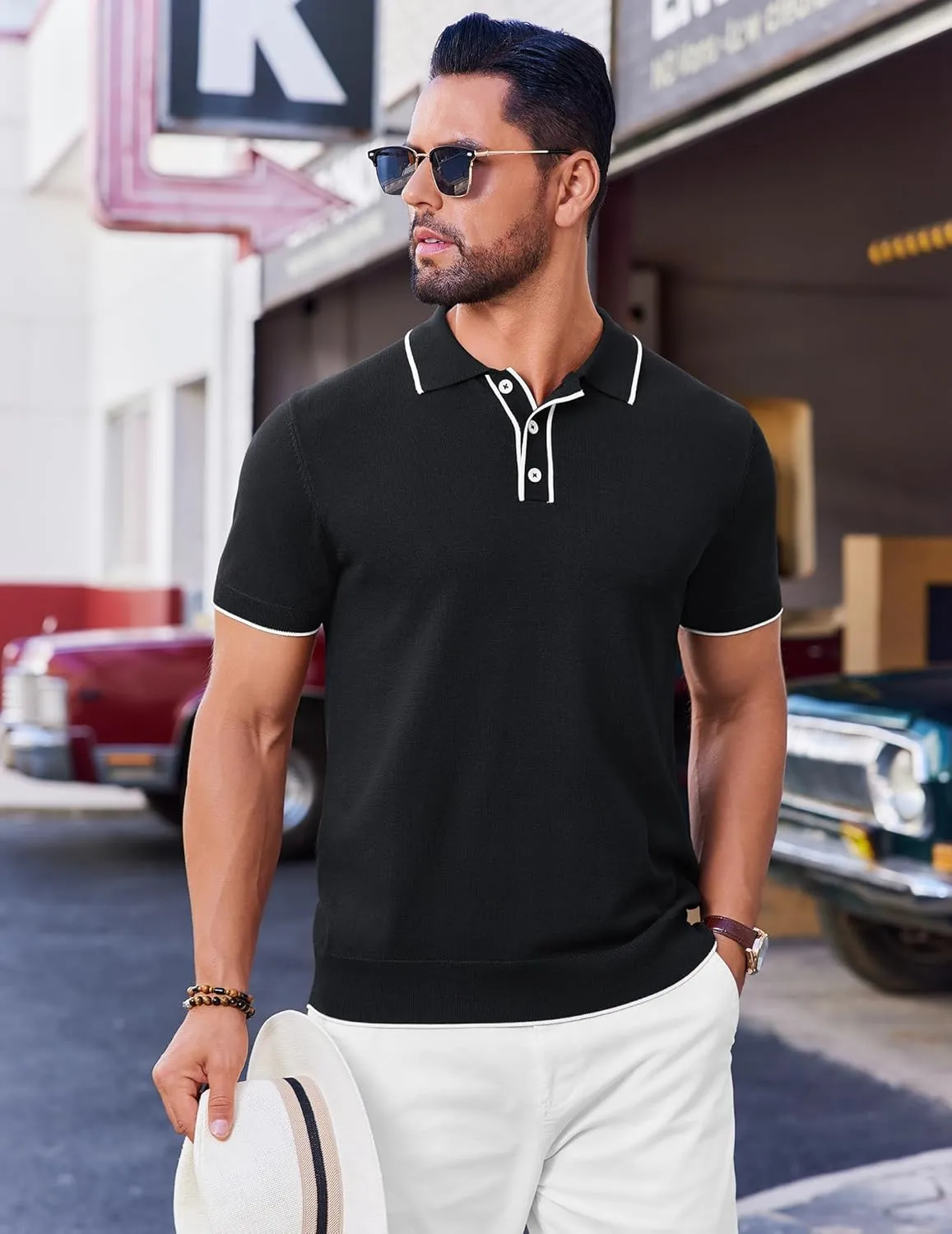 COOFANDY Mens Knit Polo Shirts Short Sleeve Vintage Stretch Polo T Shirts Casual Summer Golf Shirts