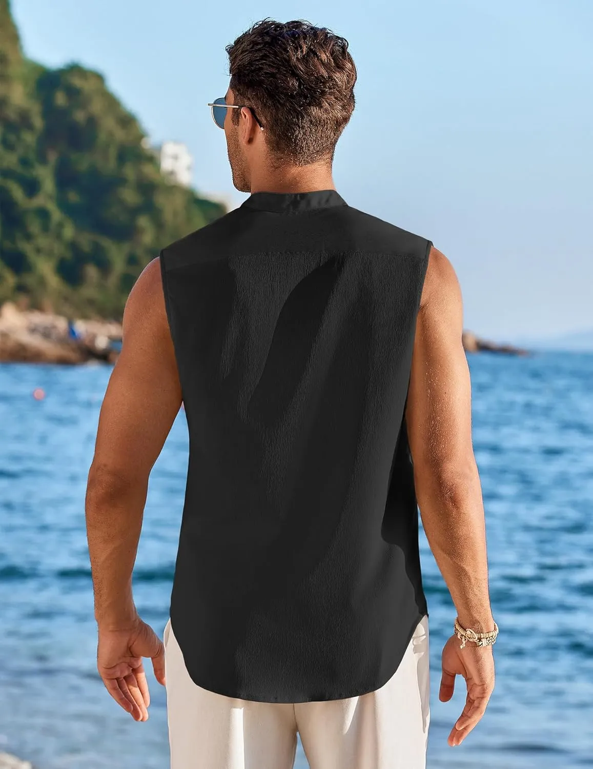 COOFANDY Men's Summer Beach Tank Tops Sleeveless Button Up Shirt Casual Textured Tank Shirts
