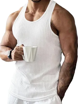 COZYEASE Men's Rib Knit Round Neck Sleeveless Solid Tank Top Bodycon Casual Plain Undershirts Top