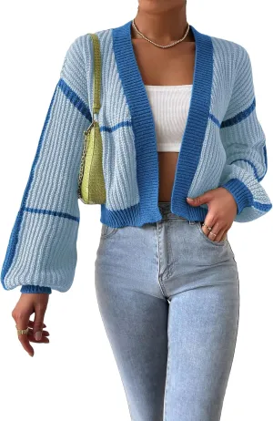 COZYEASE Women's Color Block Crop Cardigan Top Bishop Long Sleeve Open Front Sweater