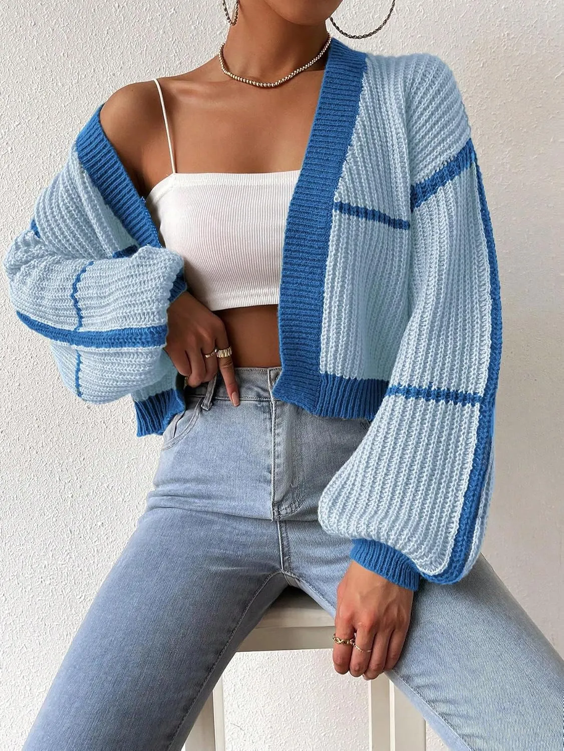 COZYEASE Women's Color Block Crop Cardigan Top Bishop Long Sleeve Open Front Sweater