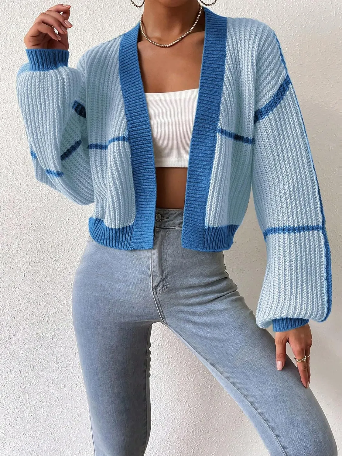 COZYEASE Women's Color Block Crop Cardigan Top Bishop Long Sleeve Open Front Sweater