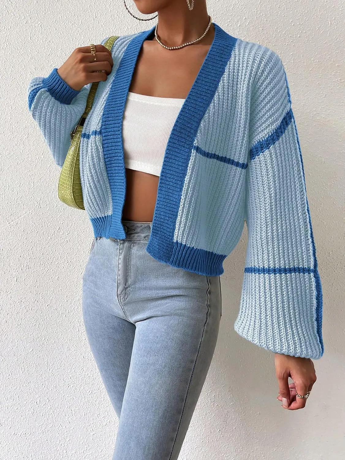 COZYEASE Women's Color Block Crop Cardigan Top Bishop Long Sleeve Open Front Sweater