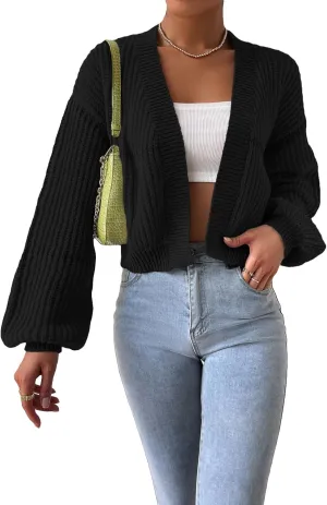 COZYEASE Women's Color Block Crop Cardigan Top Bishop Long Sleeve Open Front Sweater