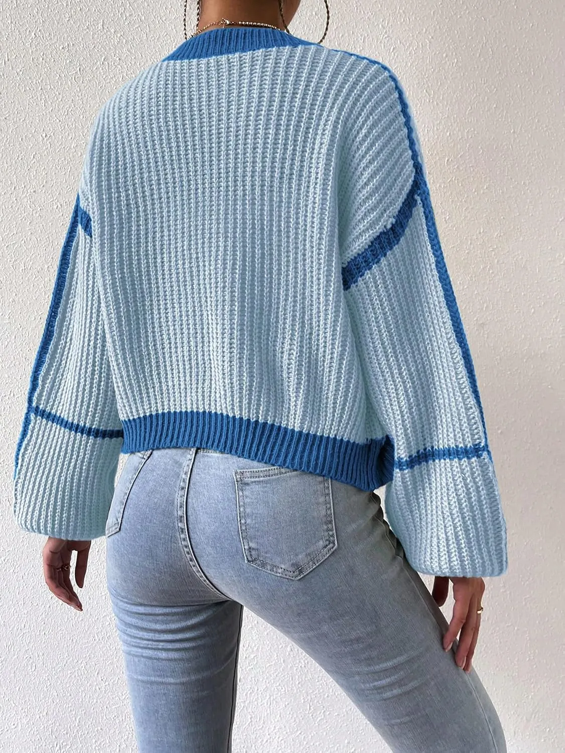 COZYEASE Women's Color Block Crop Cardigan Top Bishop Long Sleeve Open Front Sweater