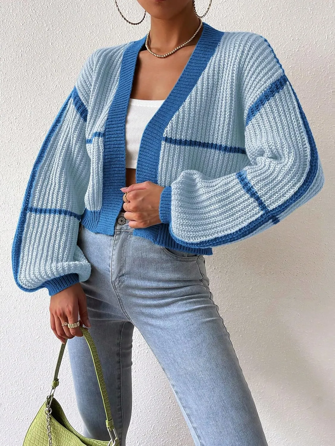 COZYEASE Women's Color Block Crop Cardigan Top Bishop Long Sleeve Open Front Sweater
