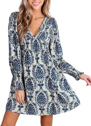 CUPSHE Women's Mini Dress Smocked V Neck Long Sleeve Empire Waist Casual A Line Dress