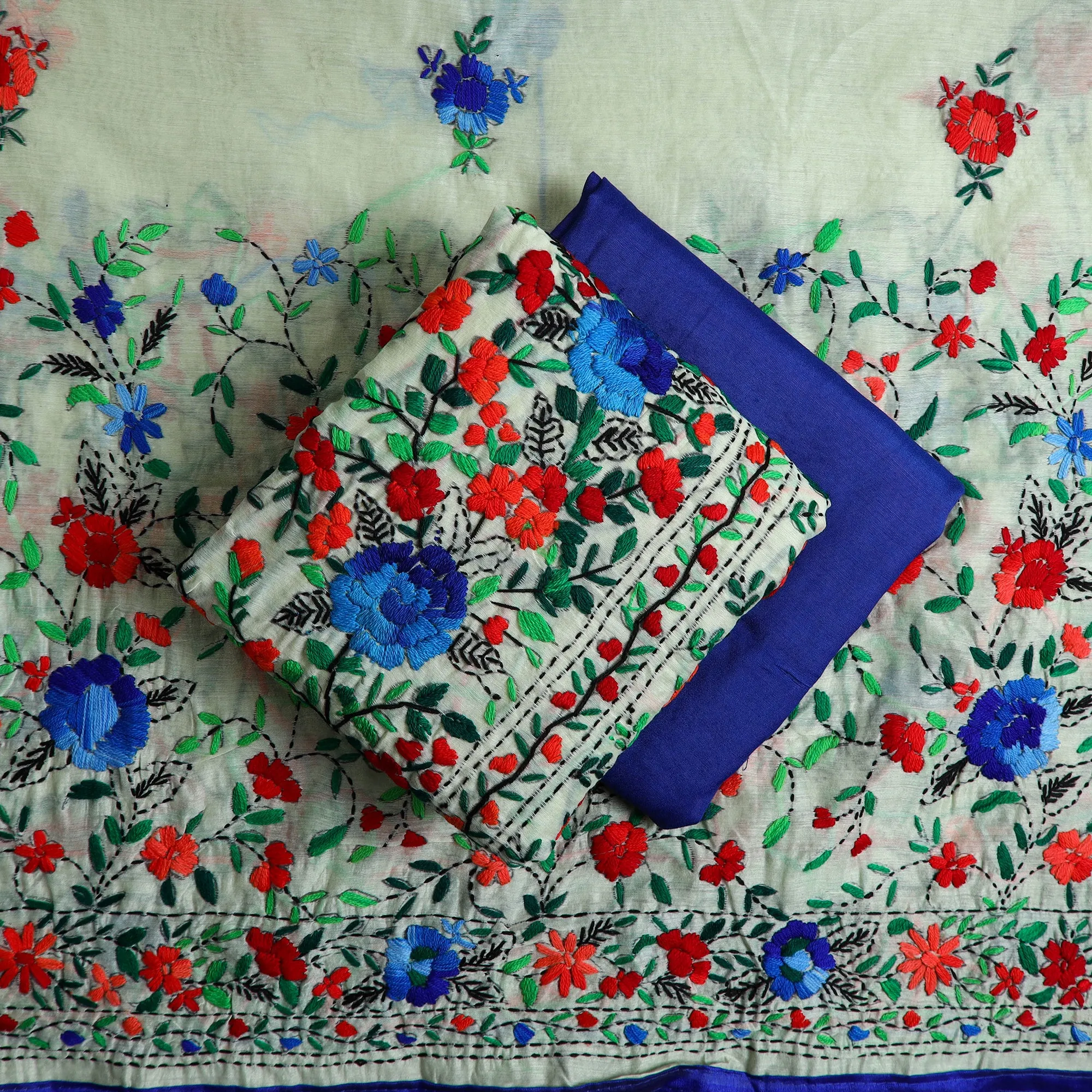 Green - 3pc Hand Embroidery Chanderi Silk Phulkari Dress Material 80