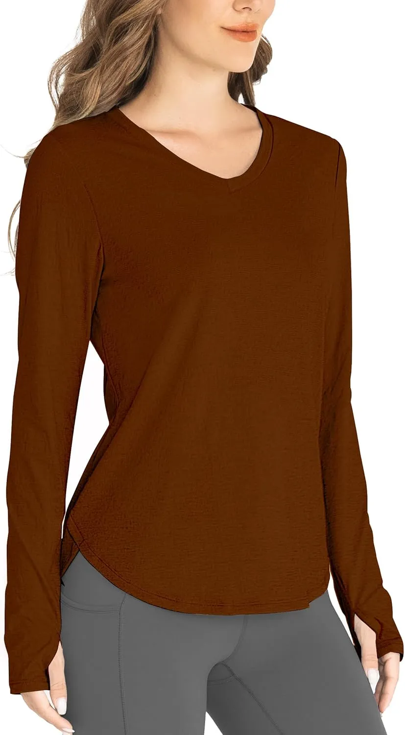 Hiverlay Long Sleeve Workout Shirts for Women V Neck UPF 50  Athletic Shirts with Thumbhole Running Loose Active T-Shirts