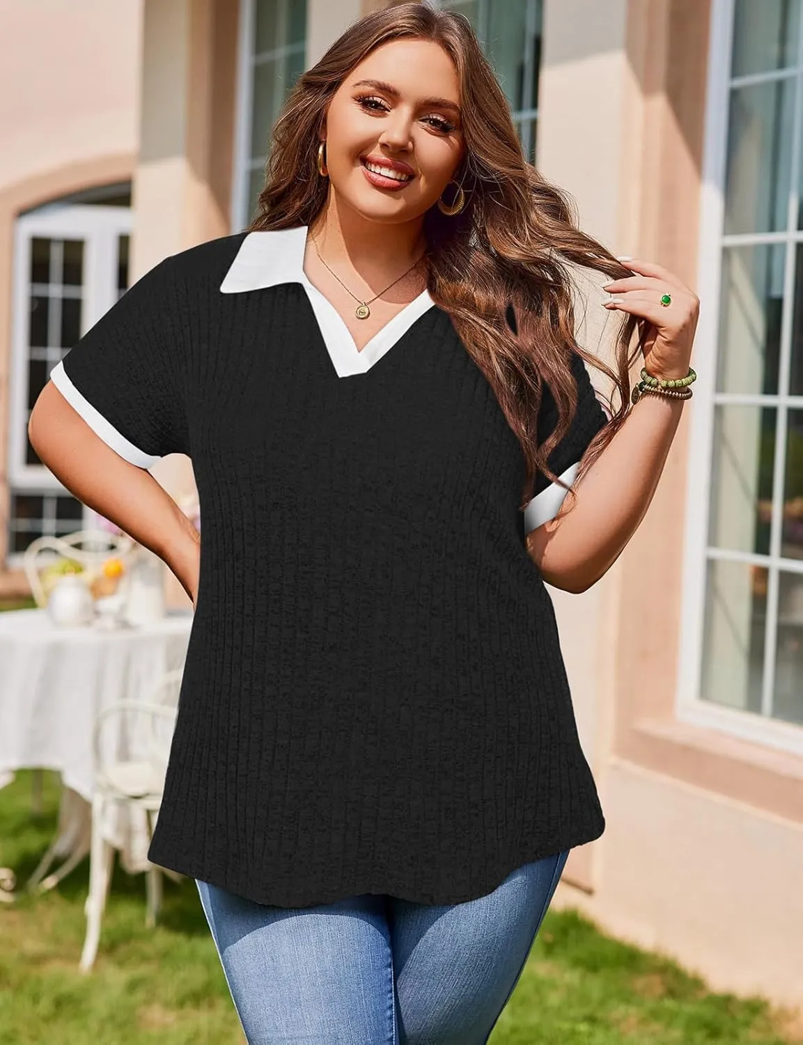 Koscacy Womens Plus Size Tops Short Sleeve Tunic Lapel V Neck Shirts Summer Casual Loose Blouse