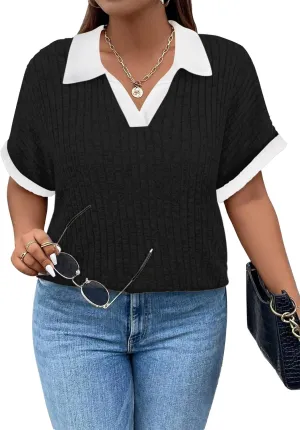 Koscacy Womens Plus Size Tops Short Sleeve Tunic Lapel V Neck Shirts Summer Casual Loose Blouse