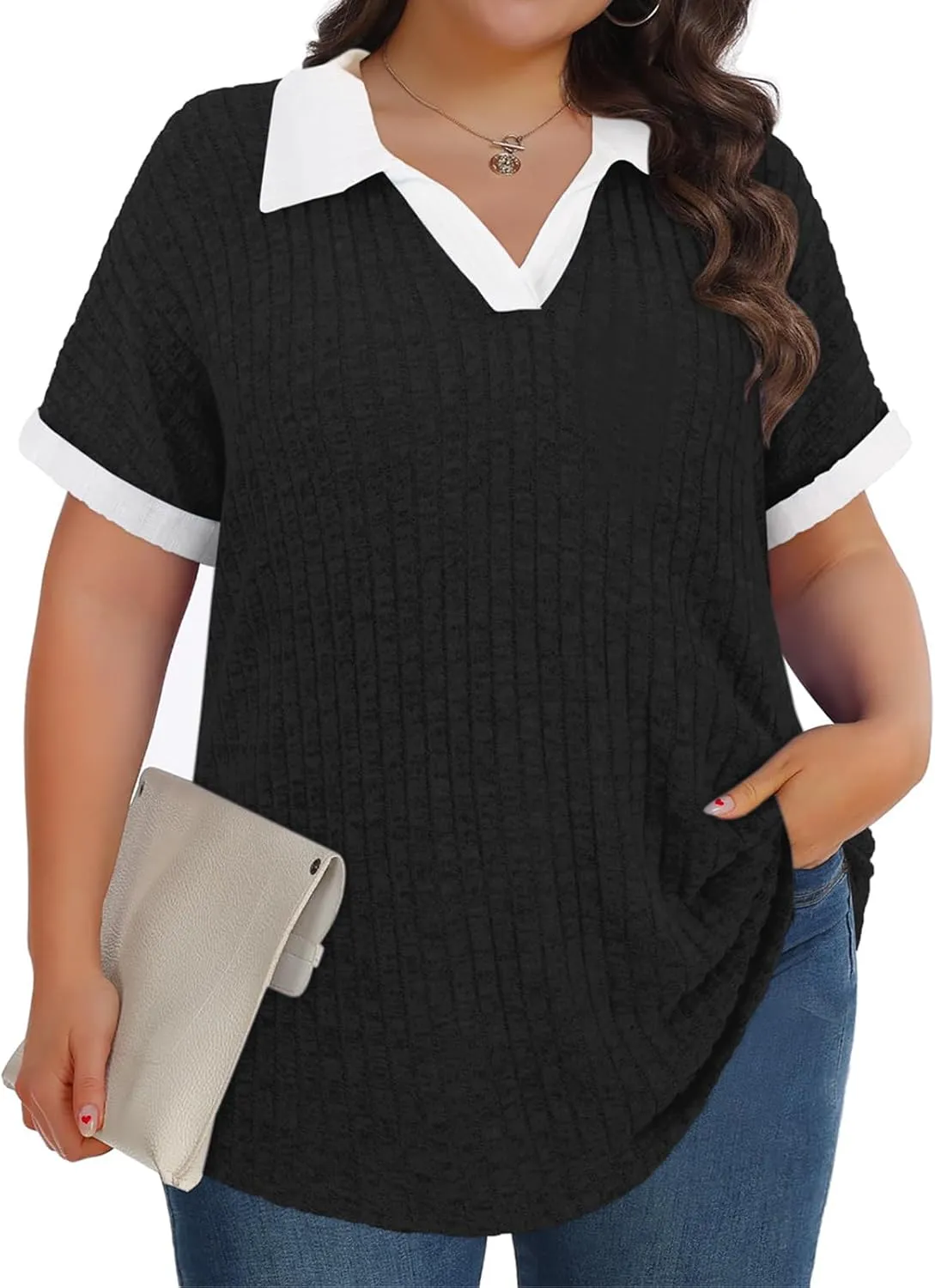 Koscacy Womens Plus Size Tops Short Sleeve Tunic Lapel V Neck Shirts Summer Casual Loose Blouse
