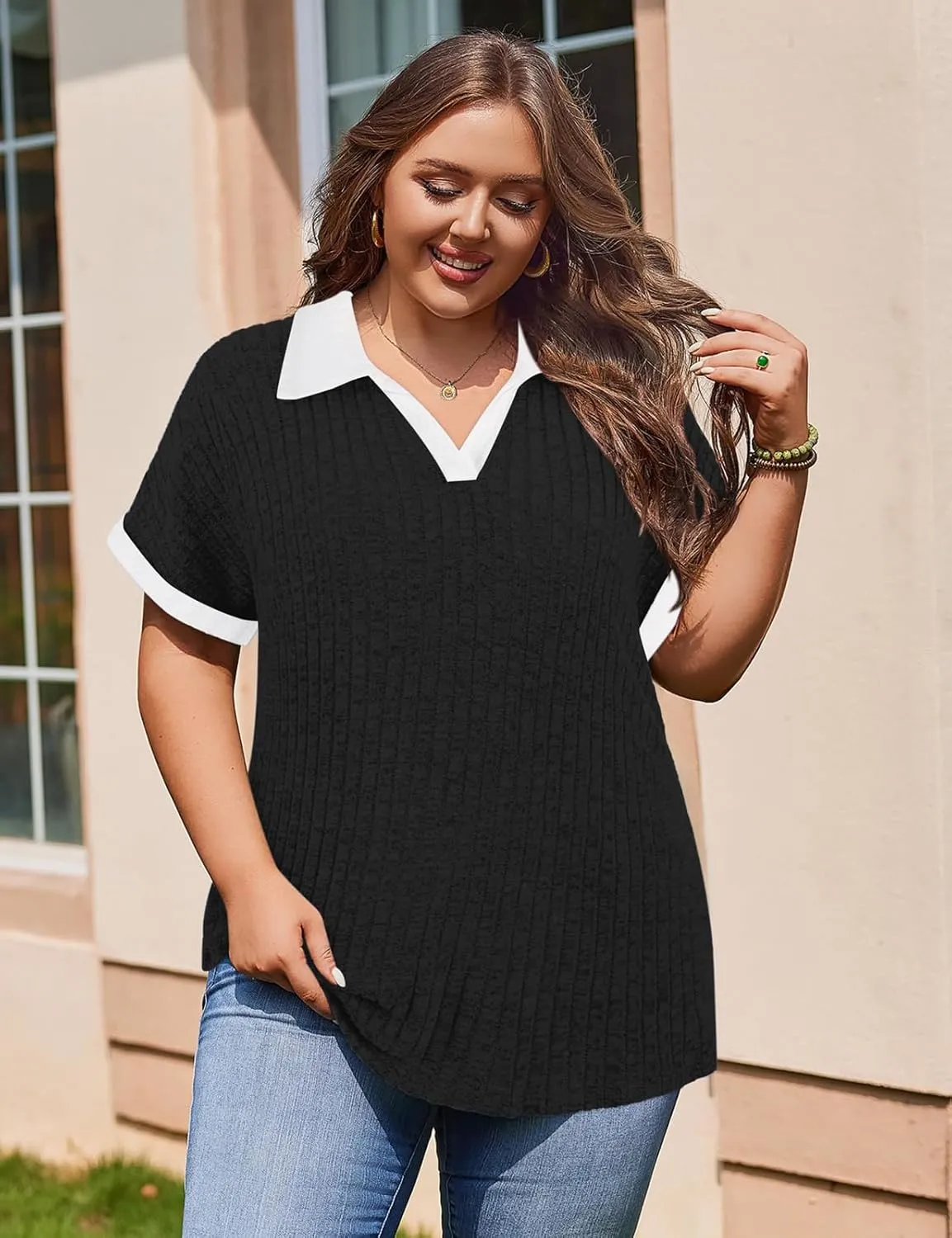 Koscacy Womens Plus Size Tops Short Sleeve Tunic Lapel V Neck Shirts Summer Casual Loose Blouse