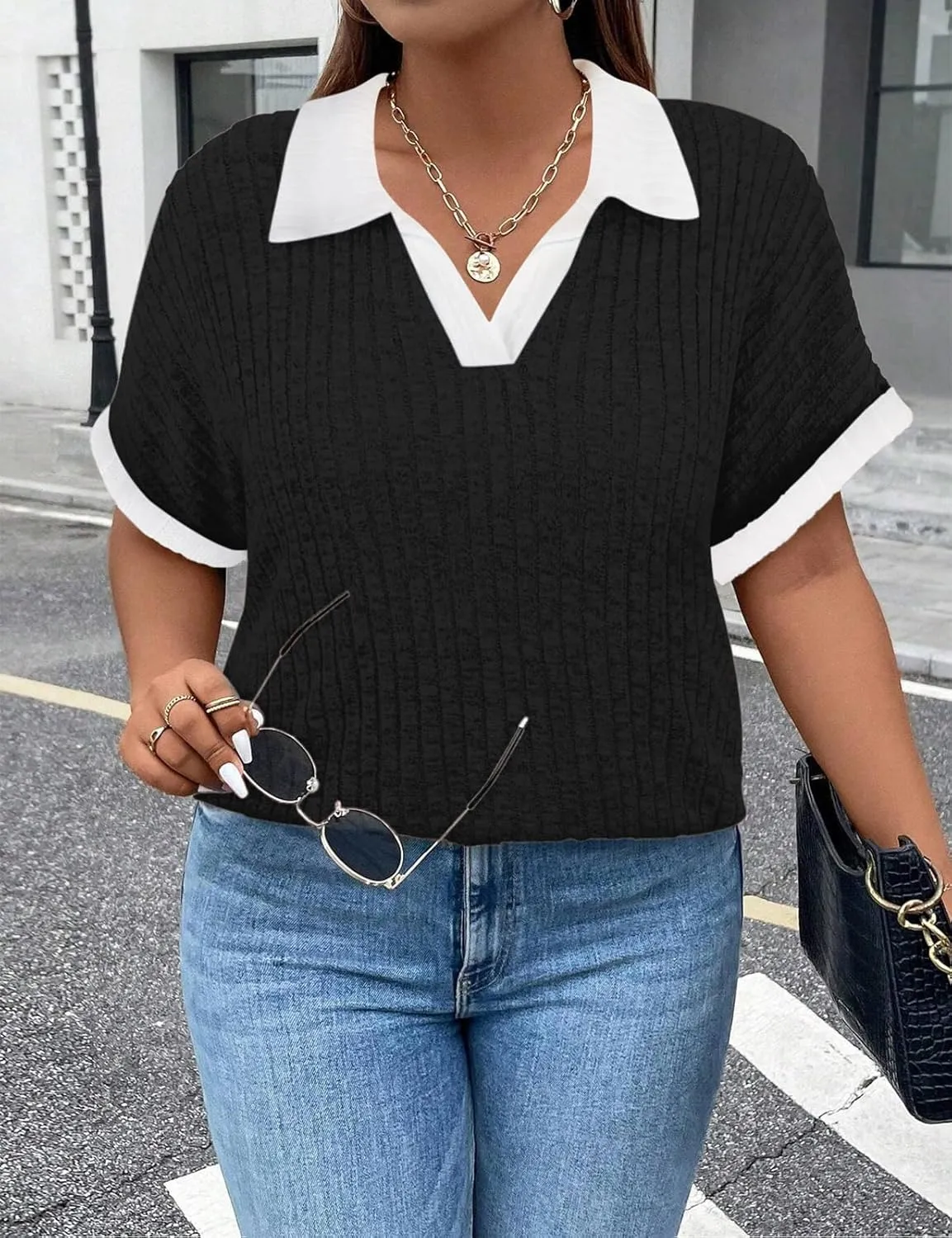 Koscacy Womens Plus Size Tops Short Sleeve Tunic Lapel V Neck Shirts Summer Casual Loose Blouse