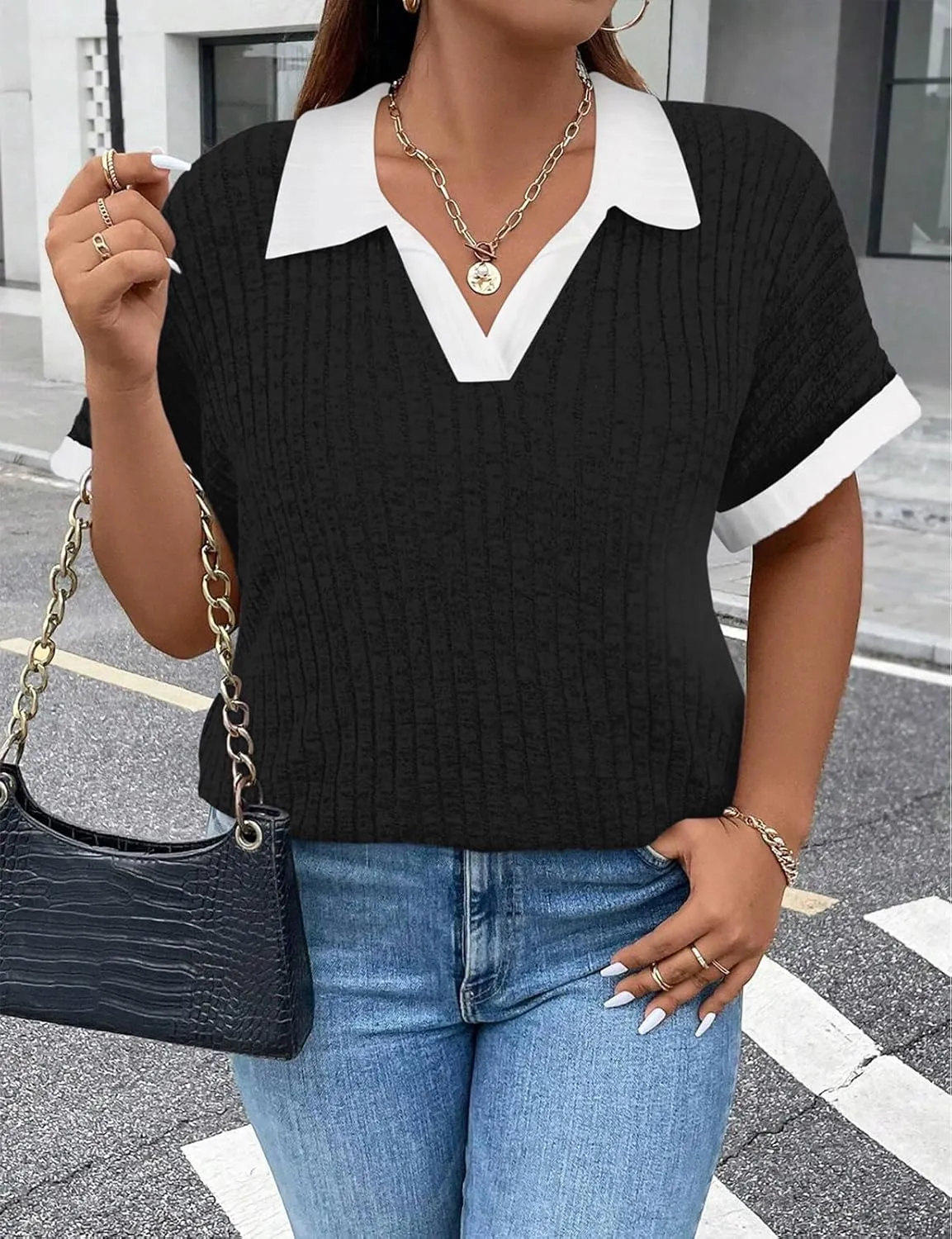 Koscacy Womens Plus Size Tops Short Sleeve Tunic Lapel V Neck Shirts Summer Casual Loose Blouse