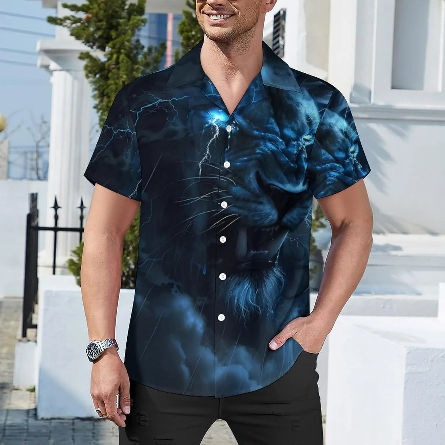 Lion Wild Animal Print Men's Hawaiian Shirt Cuban Collar Shirt Short Sleeve Button Down Tops Beach T Shirts