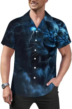 Lion Wild Animal Print Men's Hawaiian Shirt Cuban Collar Shirt Short Sleeve Button Down Tops Beach T Shirts