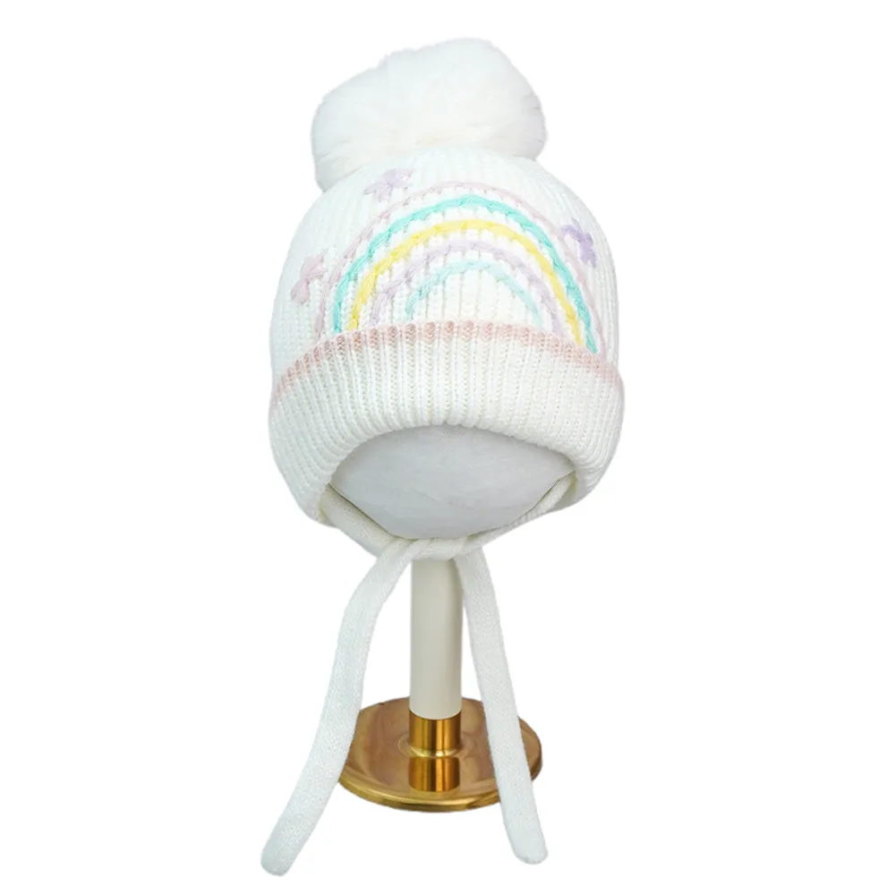 Little Surprise Box Cream Embroidered Rainbow Knitted Woolen Winter Cap/ Beanie For Kids.
