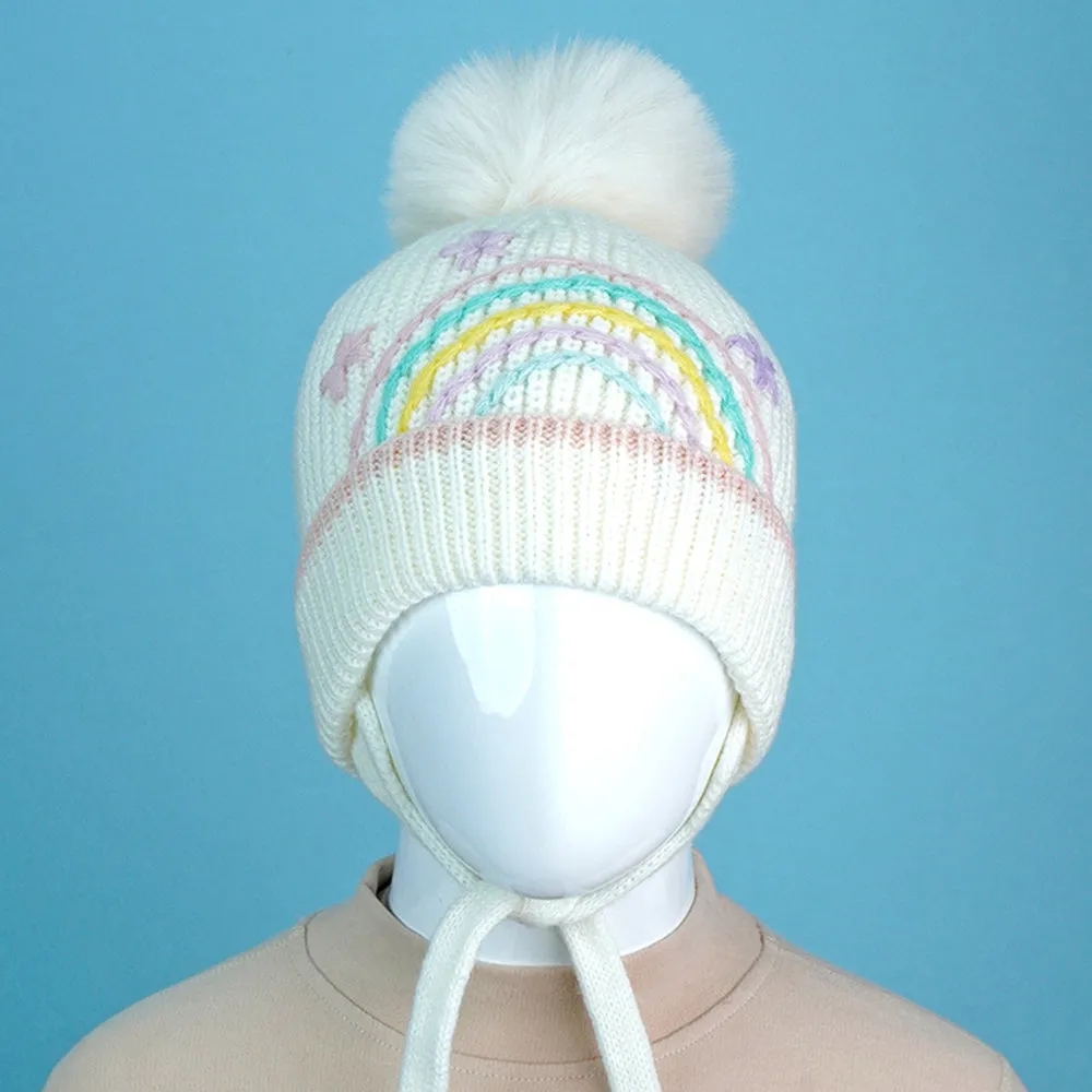 Little Surprise Box Cream Embroidered Rainbow Knitted Woolen Winter Cap/ Beanie For Kids.