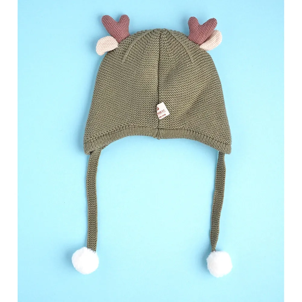 Little Surprise Box Olive Baby Antler Knitted Soft Woolen Winter Cap With Tie Up 6-18 Months