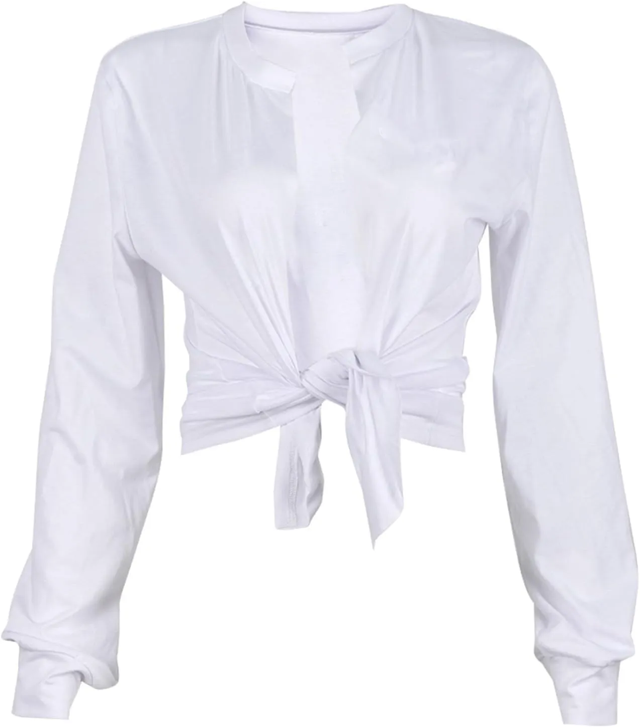 LovelyWholesale Women Tie Front Tops Long Sleeve Crop Top Deep V Neck T Shirt Club Sexy Shirts