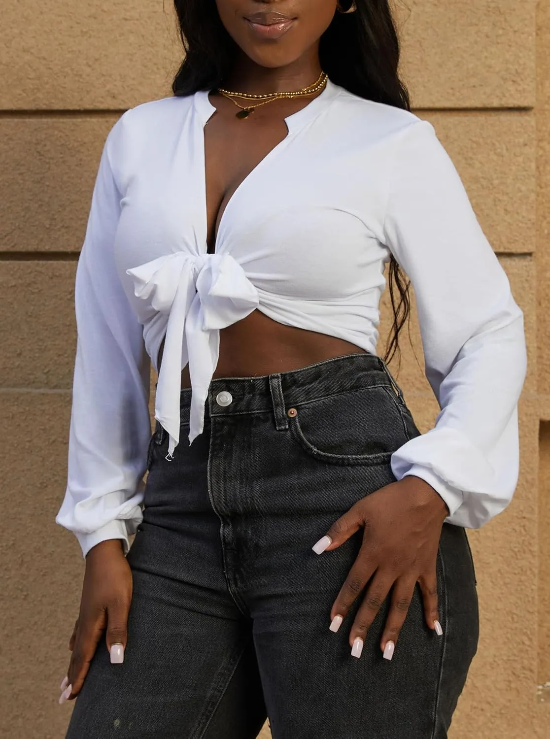 LovelyWholesale Women Tie Front Tops Long Sleeve Crop Top Deep V Neck T Shirt Club Sexy Shirts