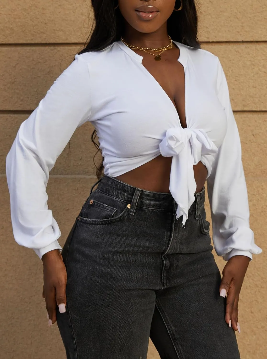LovelyWholesale Women Tie Front Tops Long Sleeve Crop Top Deep V Neck T Shirt Club Sexy Shirts