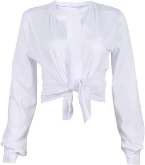 LovelyWholesale Women Tie Front Tops Long Sleeve Crop Top Deep V Neck T Shirt Club Sexy Shirts