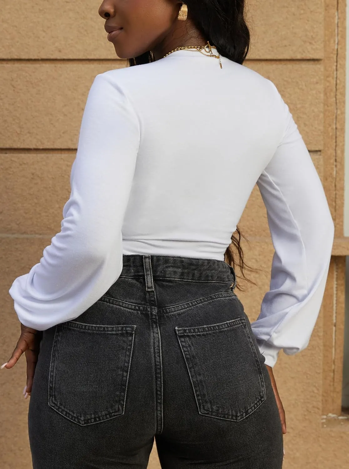 LovelyWholesale Women Tie Front Tops Long Sleeve Crop Top Deep V Neck T Shirt Club Sexy Shirts