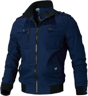 Mens Casual Cotton Military Jacket Lightweight Stand Collar Jackets Coats Full Zip up Bomber Jackets with Shoulder Straps