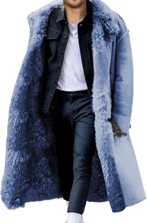 Men's Faux Fur Warm Lapel Overcoat Thicken Soft Snow Shaggy Outerwear Long Sherpa Fleece Lined Trench Coat