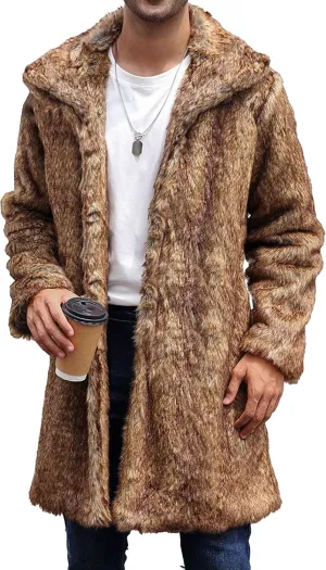 Men's Fox Fur Winter Coat Jackets Casual Fluffy Winter Long Jacket Faux Fur Turn-Down Collar Coat