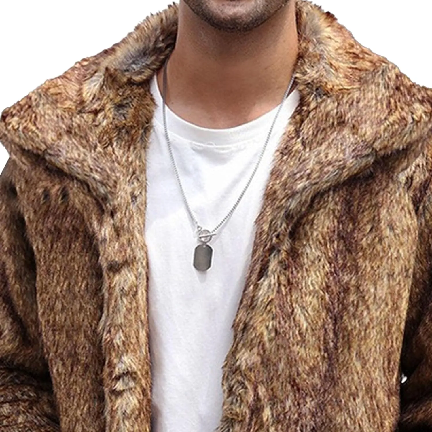 Men's Fox Fur Winter Coat Jackets Casual Fluffy Winter Long Jacket Faux Fur Turn-Down Collar Coat