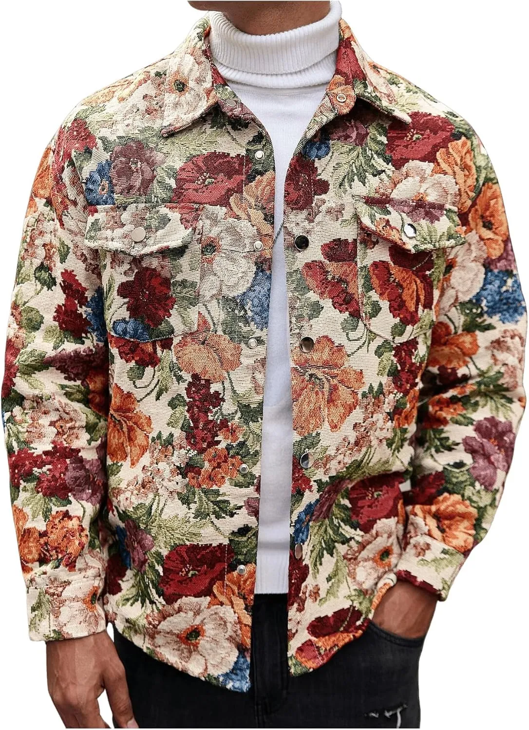 Men's Vintage Floral Embroidery Jackets Collared Neck Long Sleeve Jackets Button Down Drop Shoulder Outerwear