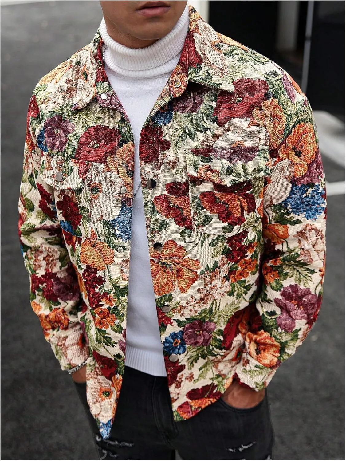 Men's Vintage Floral Embroidery Jackets Collared Neck Long Sleeve Jackets Button Down Drop Shoulder Outerwear
