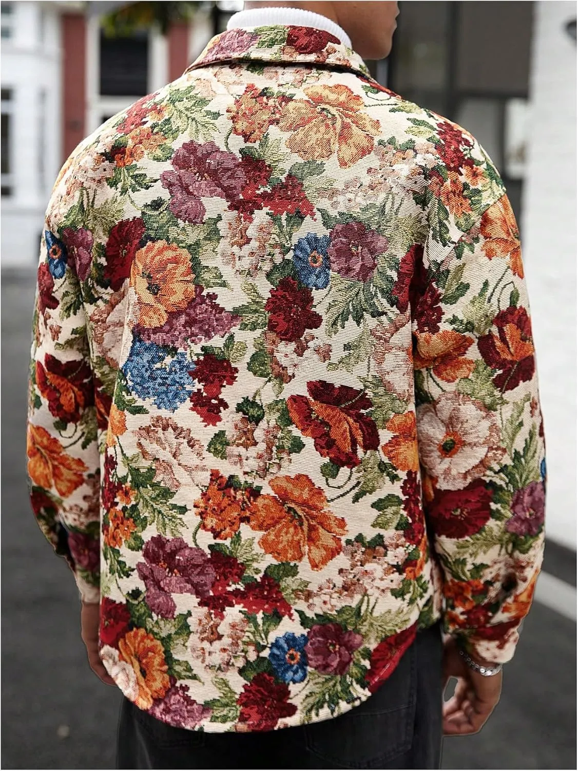 Men's Vintage Floral Embroidery Jackets Collared Neck Long Sleeve Jackets Button Down Drop Shoulder Outerwear