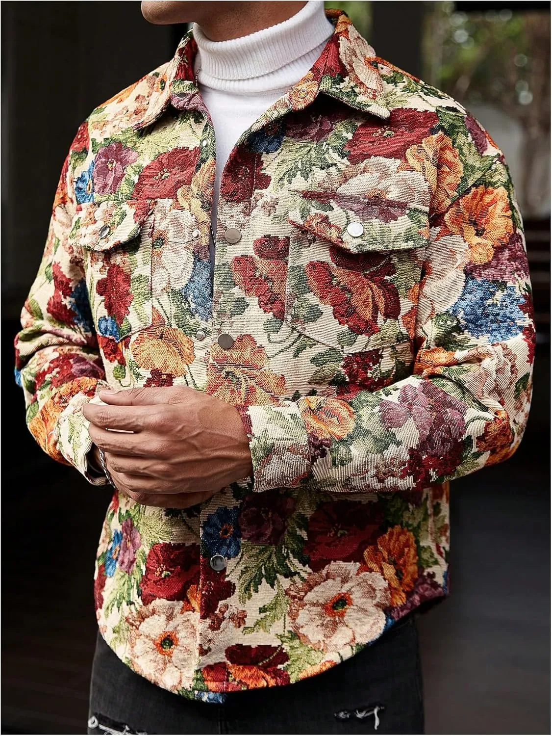 Men's Vintage Floral Embroidery Jackets Collared Neck Long Sleeve Jackets Button Down Drop Shoulder Outerwear